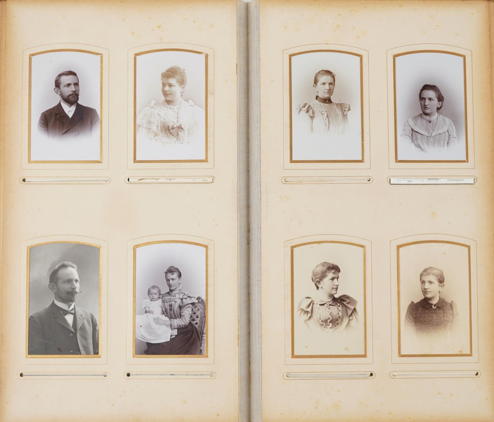 Victorian cabinet cards and cartes de visite photographs arranged in an Art Nouveau leather album - Image 3 of 6