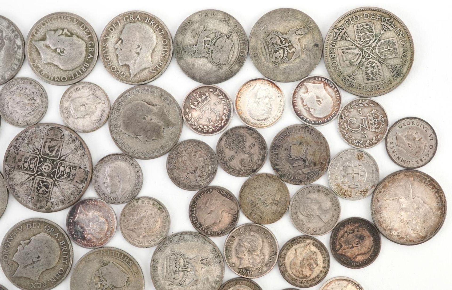 British pre decimal, pre 1947 coinage including shillings and threepences, 195g - Image 3 of 5