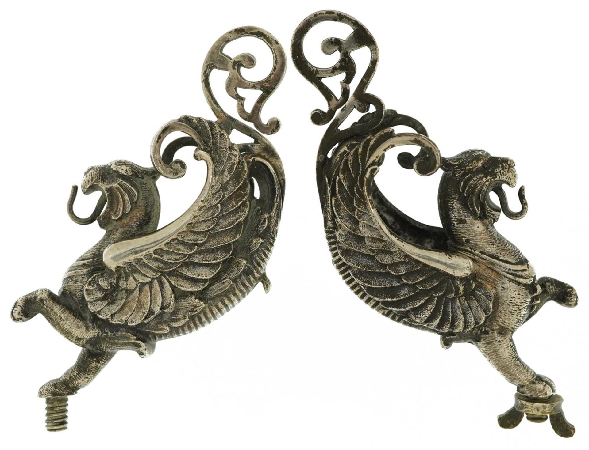 Pair of 19th century silver plated classical mounts in the form of griffins, each 12.5cm high - Image 2 of 3