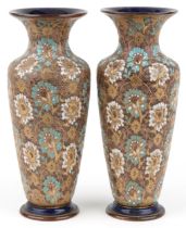 Royal Doulton, large pair of Doulton Slaters patent lace vases hand painted with flowers, each 41.