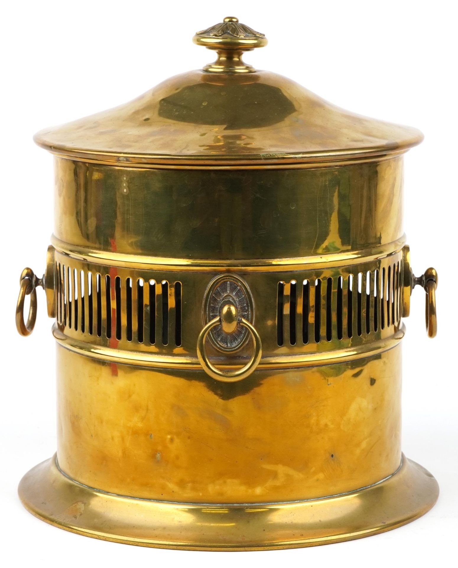 Victorian brass log lidded log bucket with four ring turned handles, 40cm high - Image 2 of 3