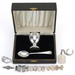 Victorian and later silver and white metal jewellery and a silver christening eggcup and spoon