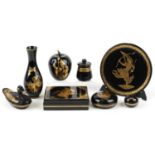 Burmese black lacquer including a rectangular box with lift off lid gilded with a deity and a