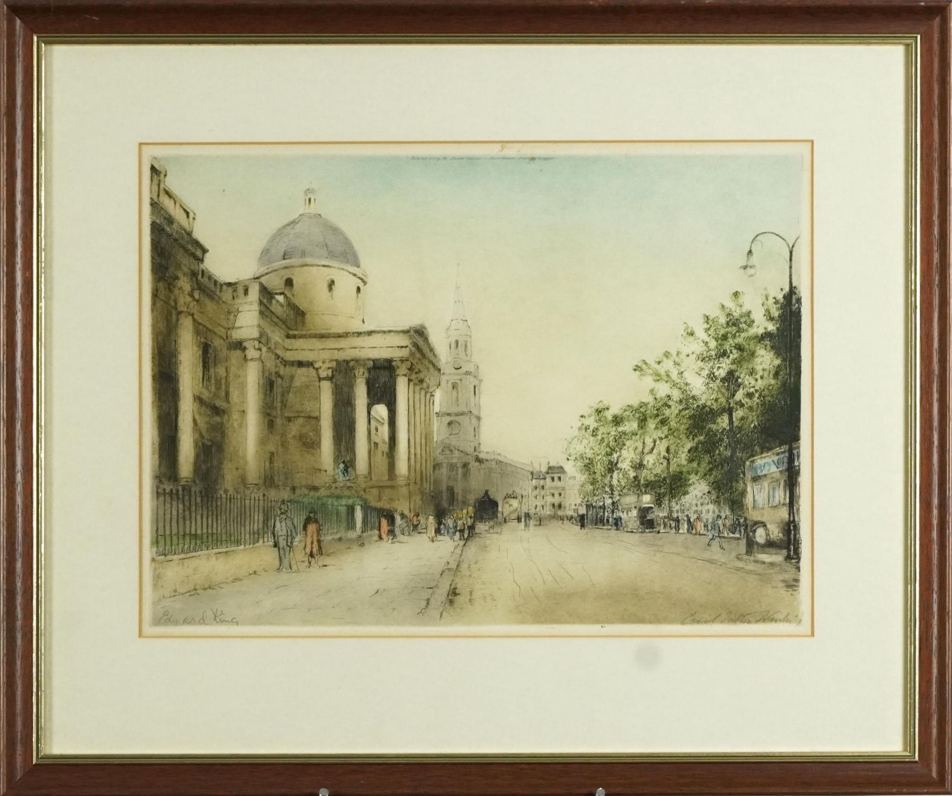 Edward King - London street scenes, set of four pencil signed coloured etchings, mounted, framed and - Bild 12 aus 20