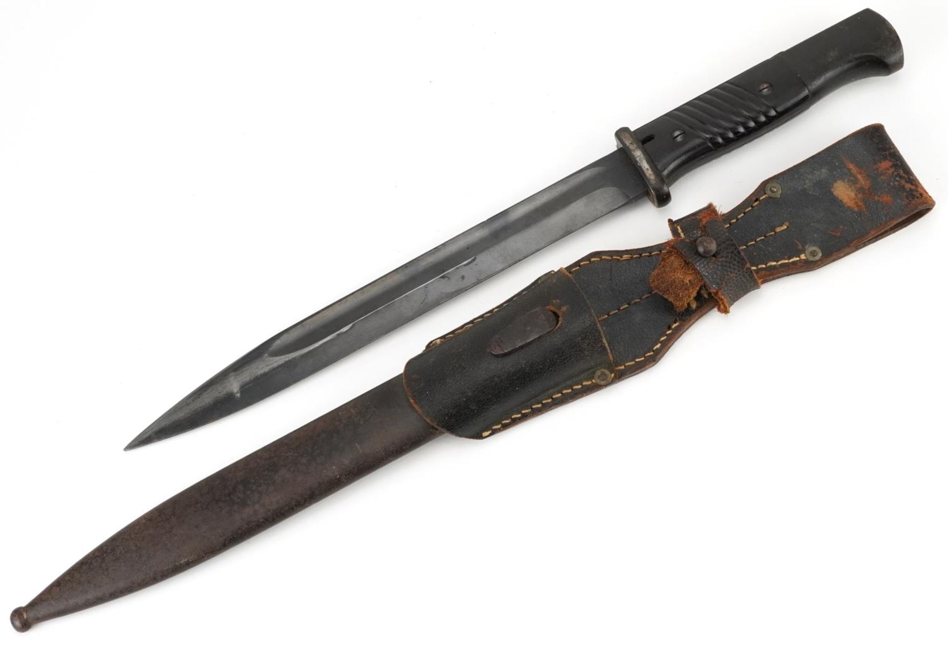 German military interest bayonet with scabbard, leather frog and steel blade impressed P Weyersberg,