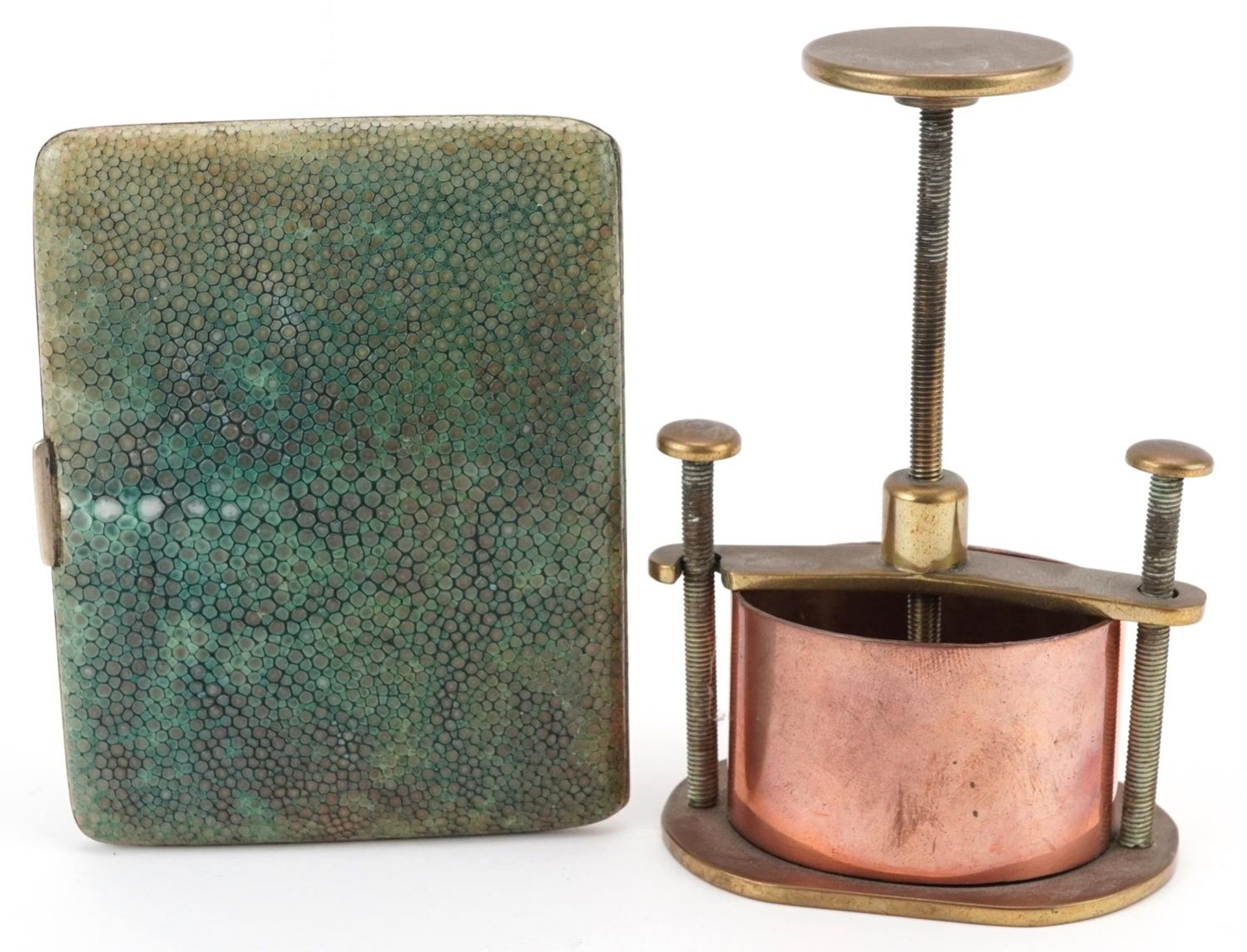 Art Deco shagreen cigarette case and a copper and brass flower press, the largest 12cm high - Image 4 of 5