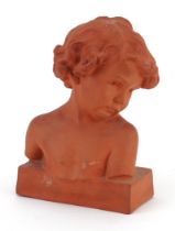 Mid century style terracotta bust of a young child incised J Camus to the reverse, 22.5cm high