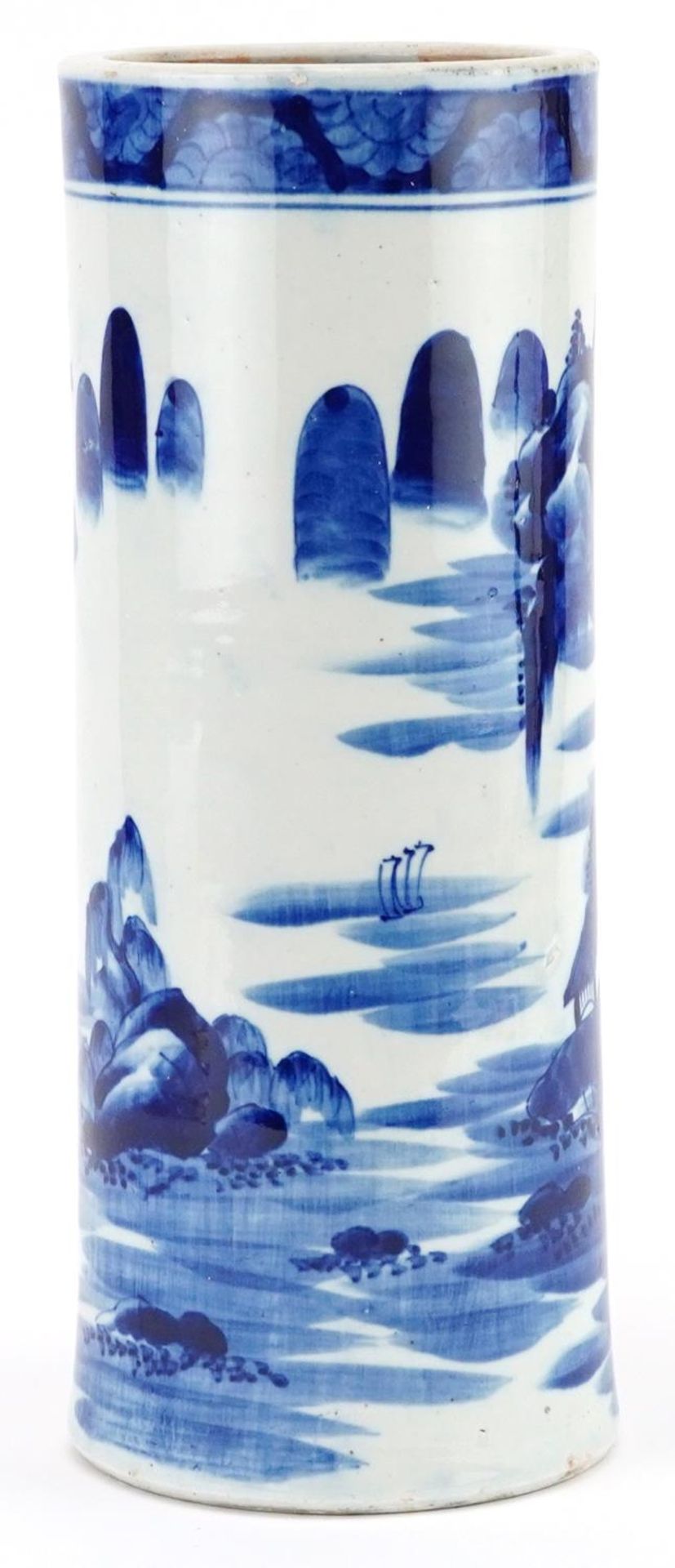 Japanese blue and white porcelain cylindrical vase hand painted with a continuous river landscape, - Bild 5 aus 7
