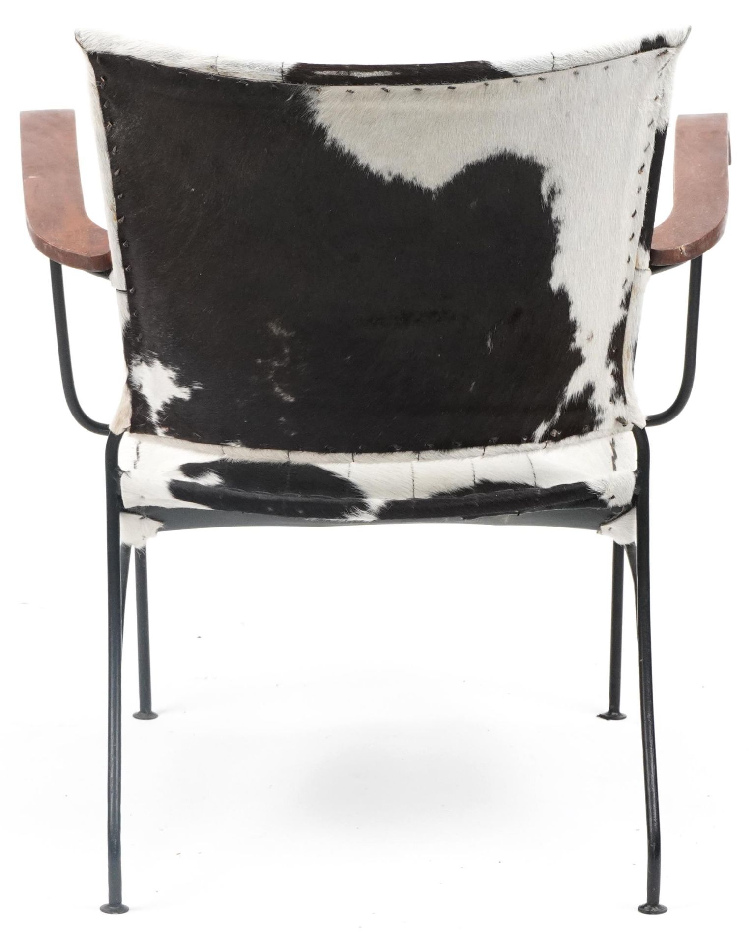 Brutalist style wrought iron and cow hide armchair, 75cm high - Image 4 of 4