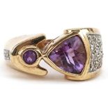 Modernist 9ct gold amethyst and diamond ring, size T, 13.6g