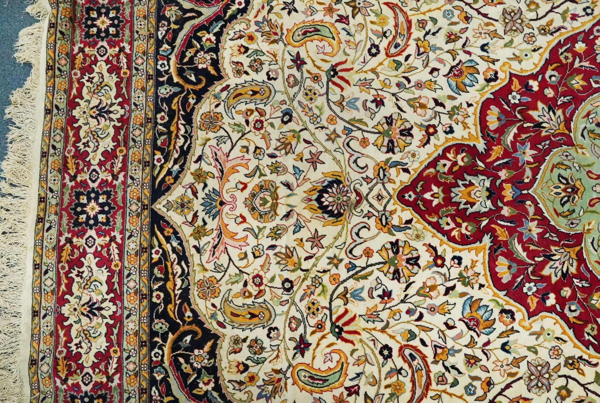 Rectangular Persian cream and red ground rug having an all over repeat floral design, 370cm x 270cm - Image 5 of 12