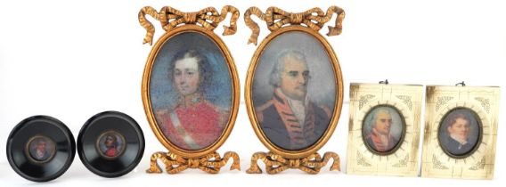 Three pairs of portrait miniatures with frames including a pair of gilt bow design frames, the