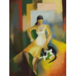 Winitha Fernando - Cat with girl, Impressionist pastel, inscribed label verso, mounted, framed and