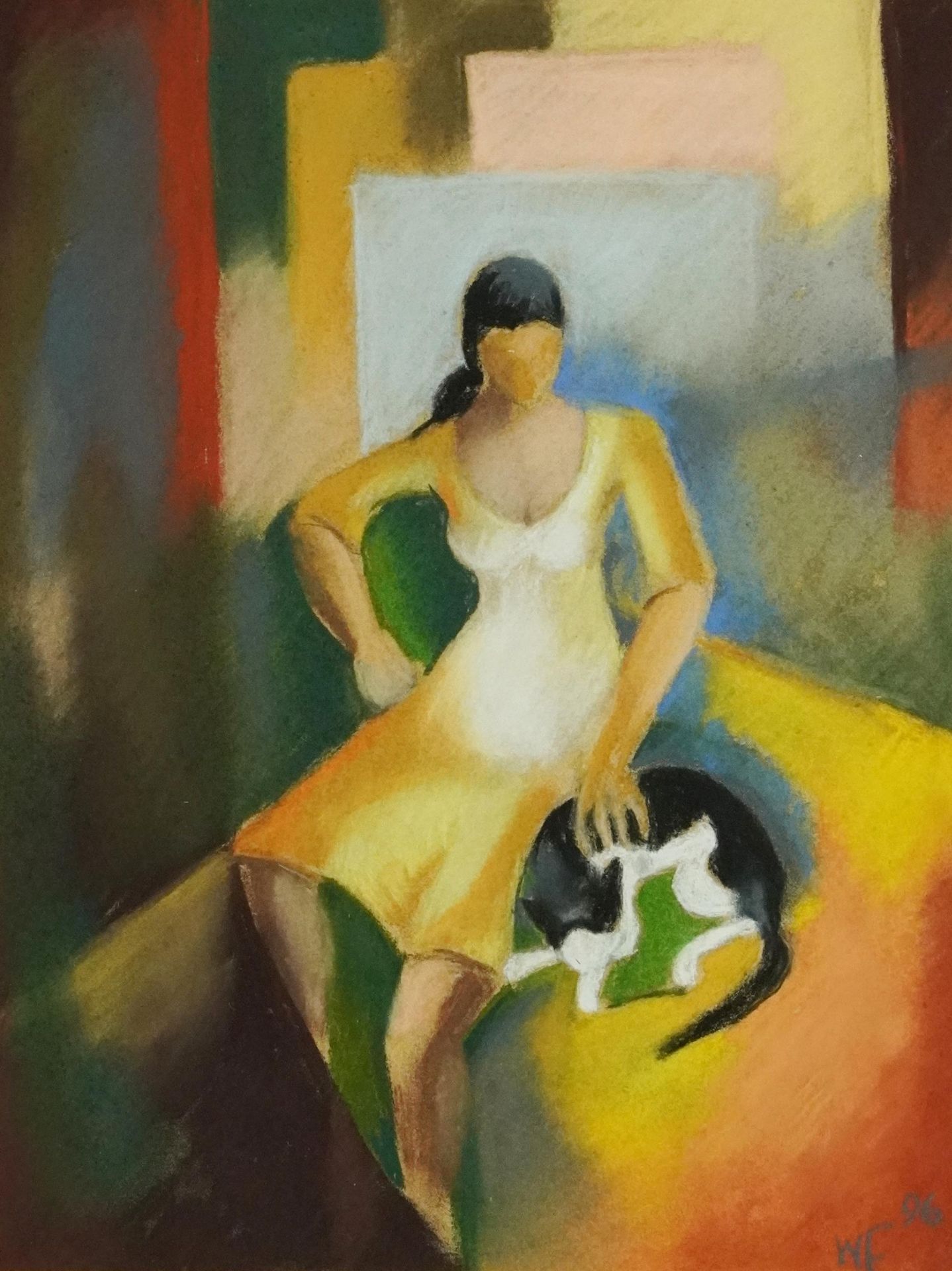 Winitha Fernando - Cat with girl, Impressionist pastel, inscribed label verso, mounted, framed and