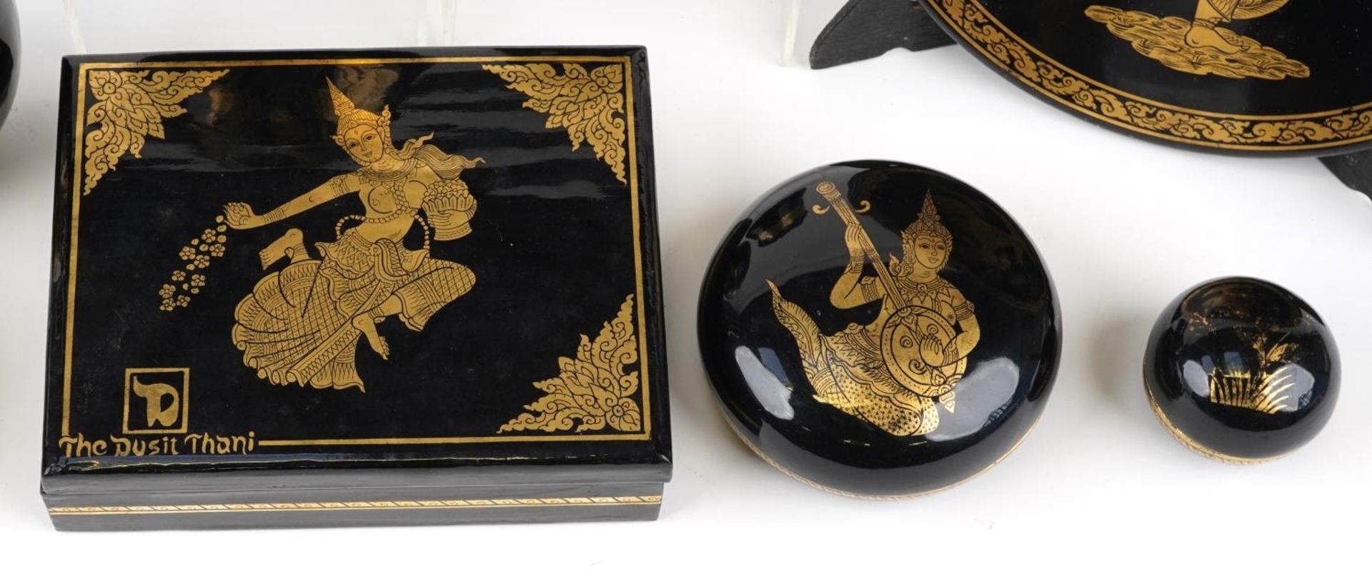 Burmese black lacquer including a rectangular box with lift off lid gilded with a deity and a - Image 4 of 4