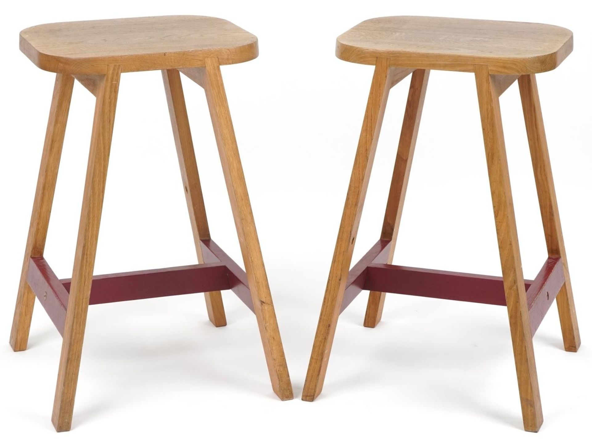Pair of contemporary half painted light oak breakfast stools, AC stamp to the undersides, 65cm high
