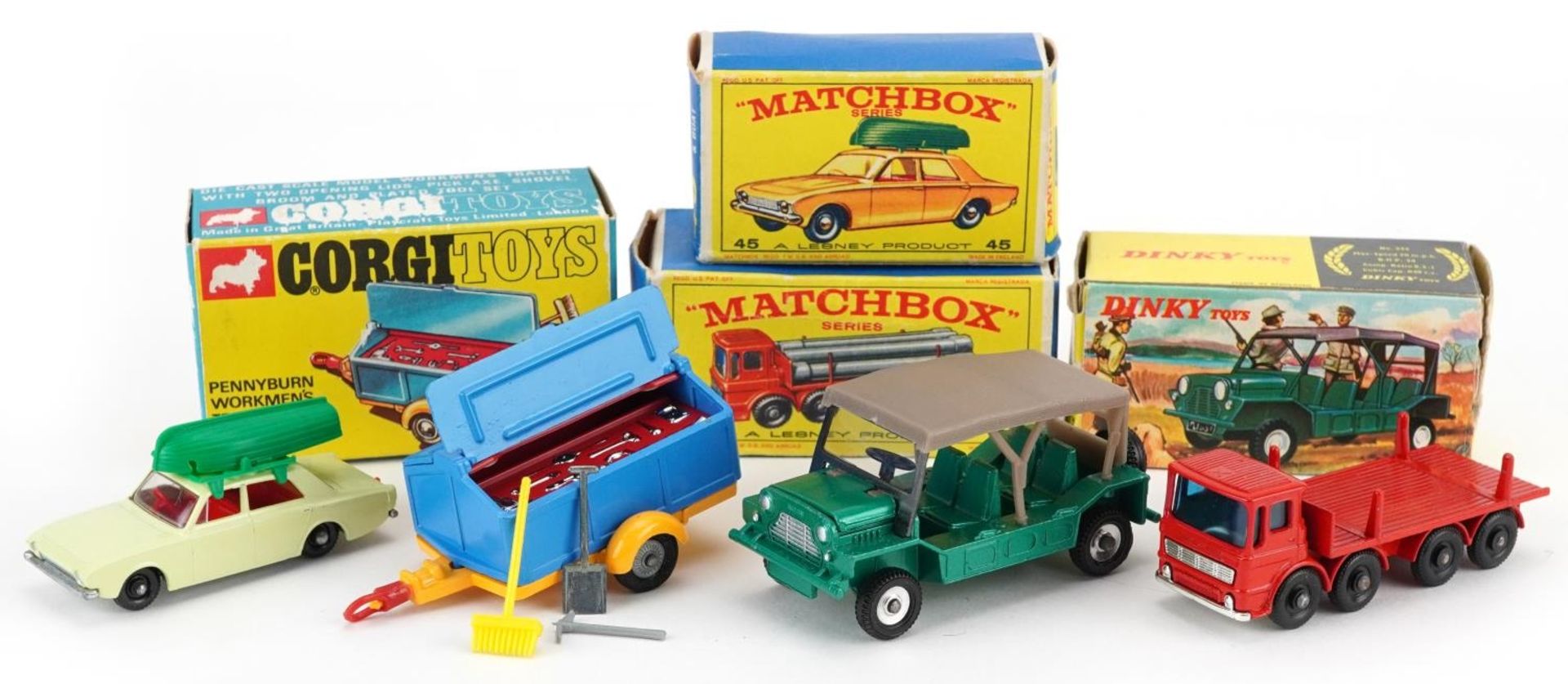 Four vintage diecast vehicles with boxes comprising Dinky Toys Austin Mini-Moke 342, Corgi Toys