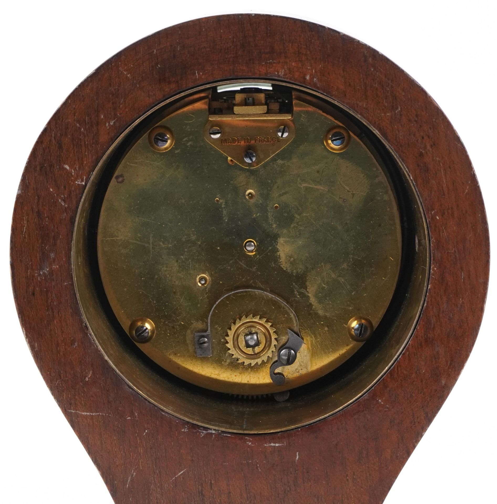 Edwardian inlaid mahogany balloon shaped mantle clock with enamelled dial having Roman numerals, - Image 4 of 4