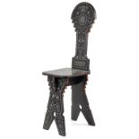 19th century Northern Italy hardwood chair with metal and bone foliate inlay, 101cm high