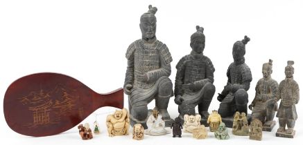 Chinese sundry items including terracotta army and okimonos, the largest 35.5cm high