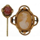 Victorian cameo jewellery comprising yellow metal shell brooch carved with a maiden head and a