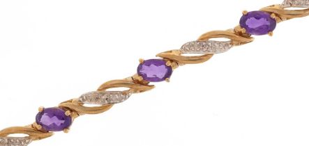 9ct two tone gold amethyst and diamond crossover bracelet, 17cm in length, 6.8g