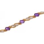 9ct two tone gold amethyst and diamond crossover bracelet, 17cm in length, 6.8g