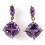 Pair of 9ct gold amethyst drop earrings, 1.9cm high, 2.6g