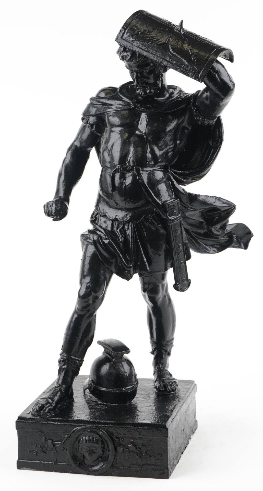 After Francois Moreau, large black painted cast metal statue of a Roman warrior, 65.5cm high