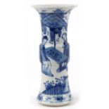 Chinese blue and white porcelain Gu beaker vase hand painted with two females playing in a palace