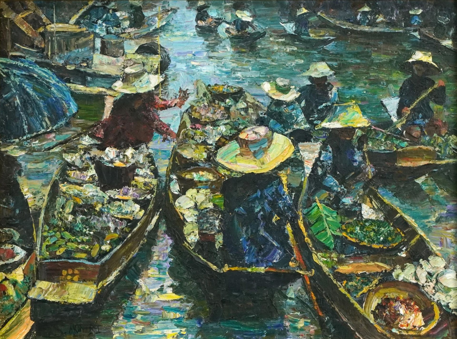 Figures in boats with huts, matched pair of Thai school impressionist oil on canvases, both - Bild 2 aus 9
