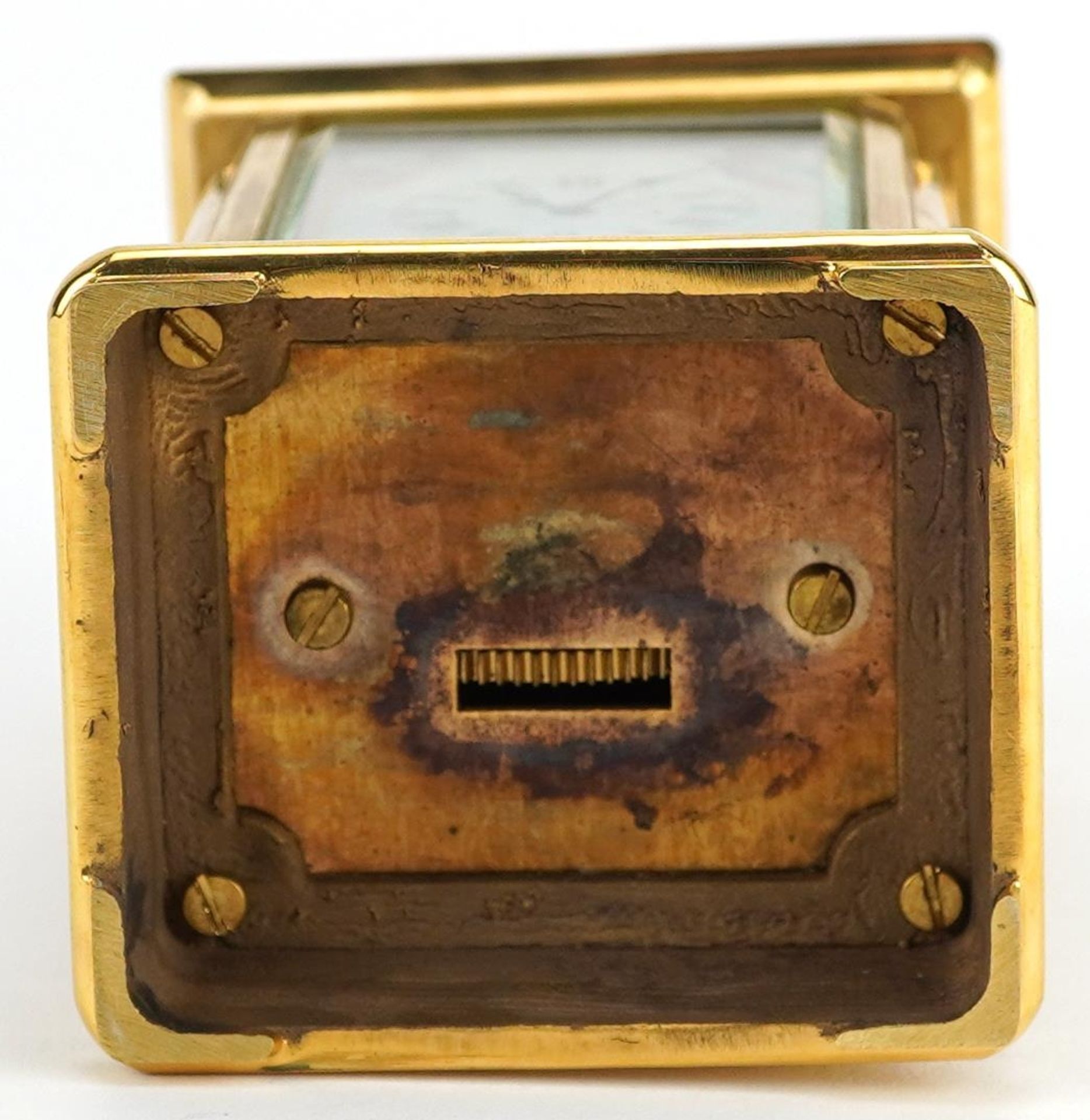 Miniature brass cased carriage clock with swing handle and Sevres style panels hand painted with - Image 5 of 5