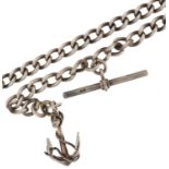 Gentlemen's silver watch chain with T bar, dog clip clasp and anchor pendant, 35cm in length, 35.0g