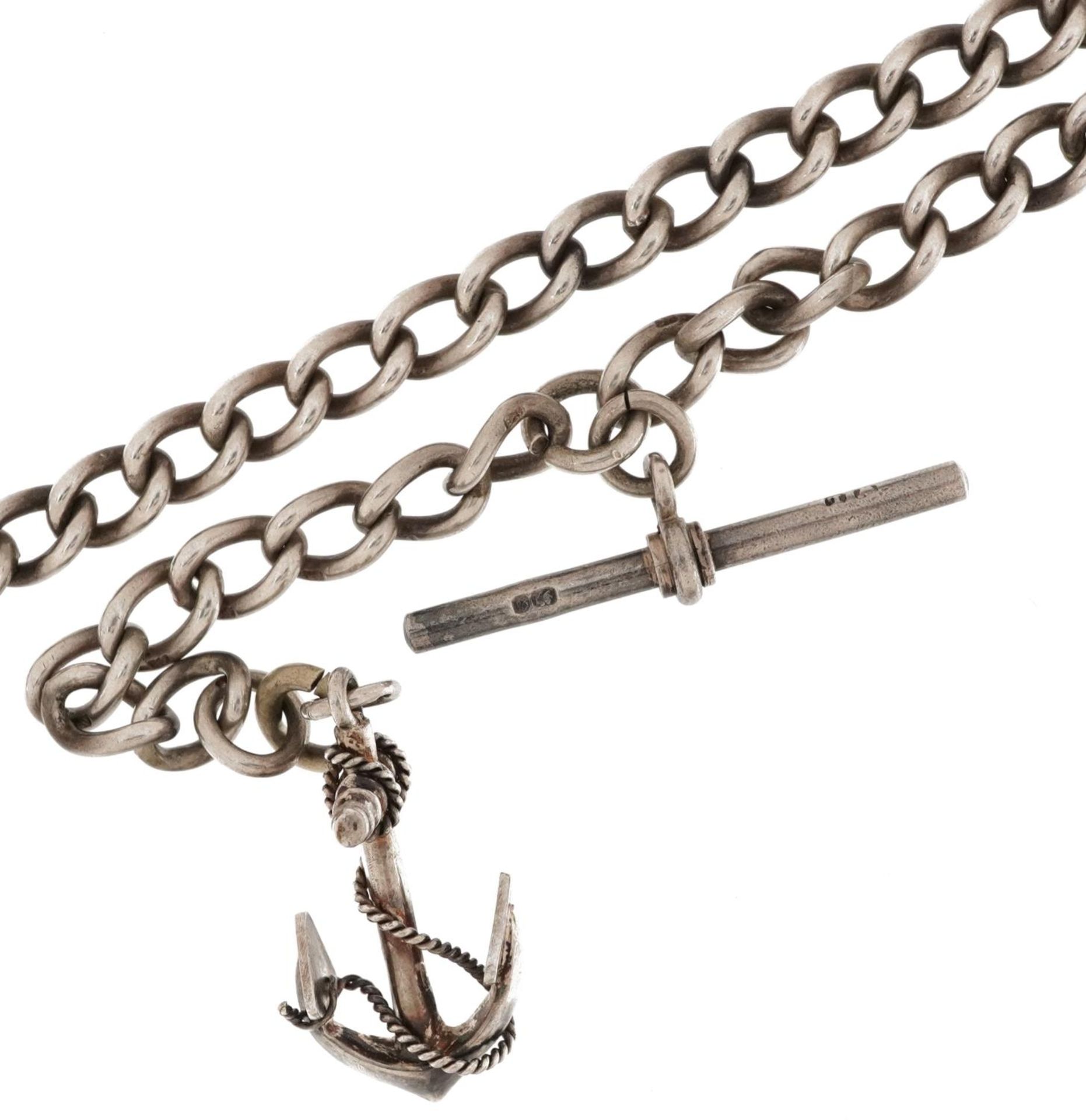 Gentlemen's silver watch chain with T bar, dog clip clasp and anchor pendant, 35cm in length, 35.0g