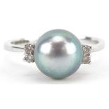 9ct white gold Tahitian pearl and diamond ring, the pearl approximately 8.60mm in diameter, size