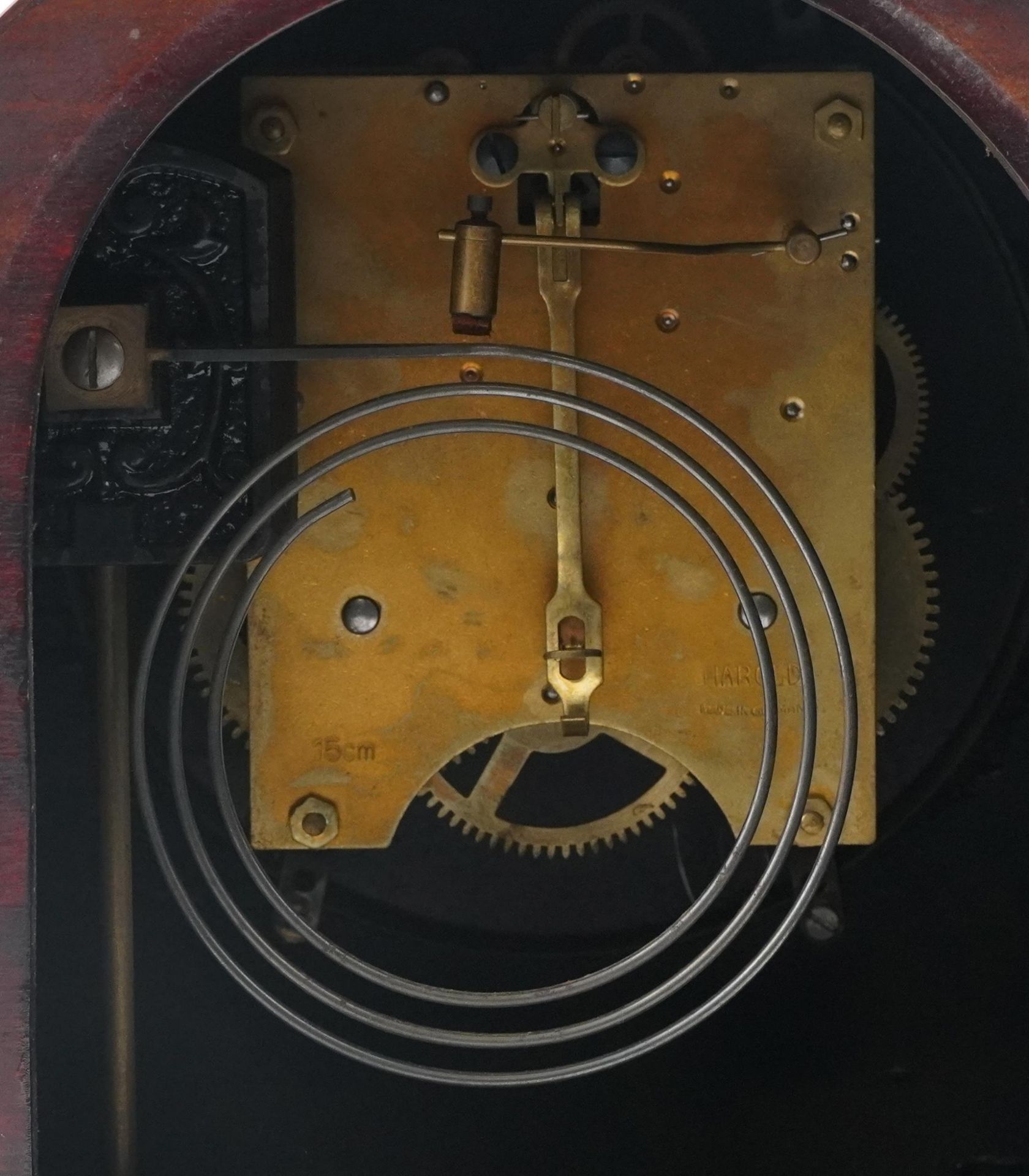 Three clocks comprising a Napoleon hat shaped inlaid mahogany mantle, Kundo electronic and German - Image 4 of 6