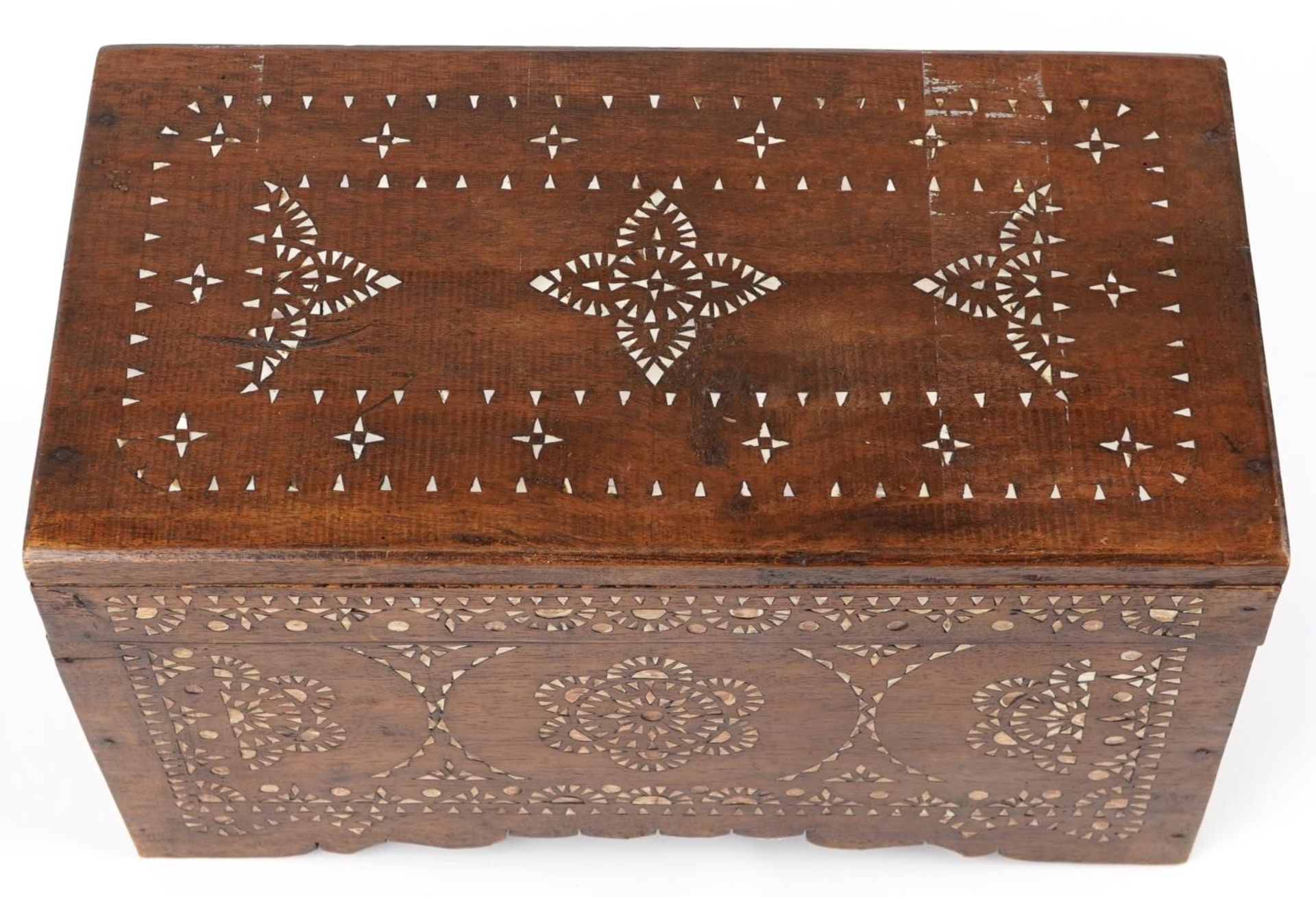 Asian hardwood trunk with mother of pearl foliate inlay, 25.5cm high, 45.5cm W x 24cm D - Image 2 of 4