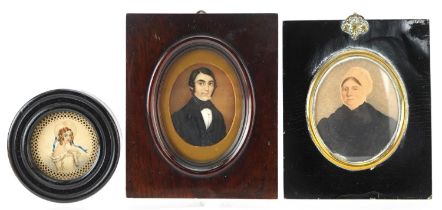 Three Georgian and later hand painted portrait miniatures including one of a gentleman wearing a