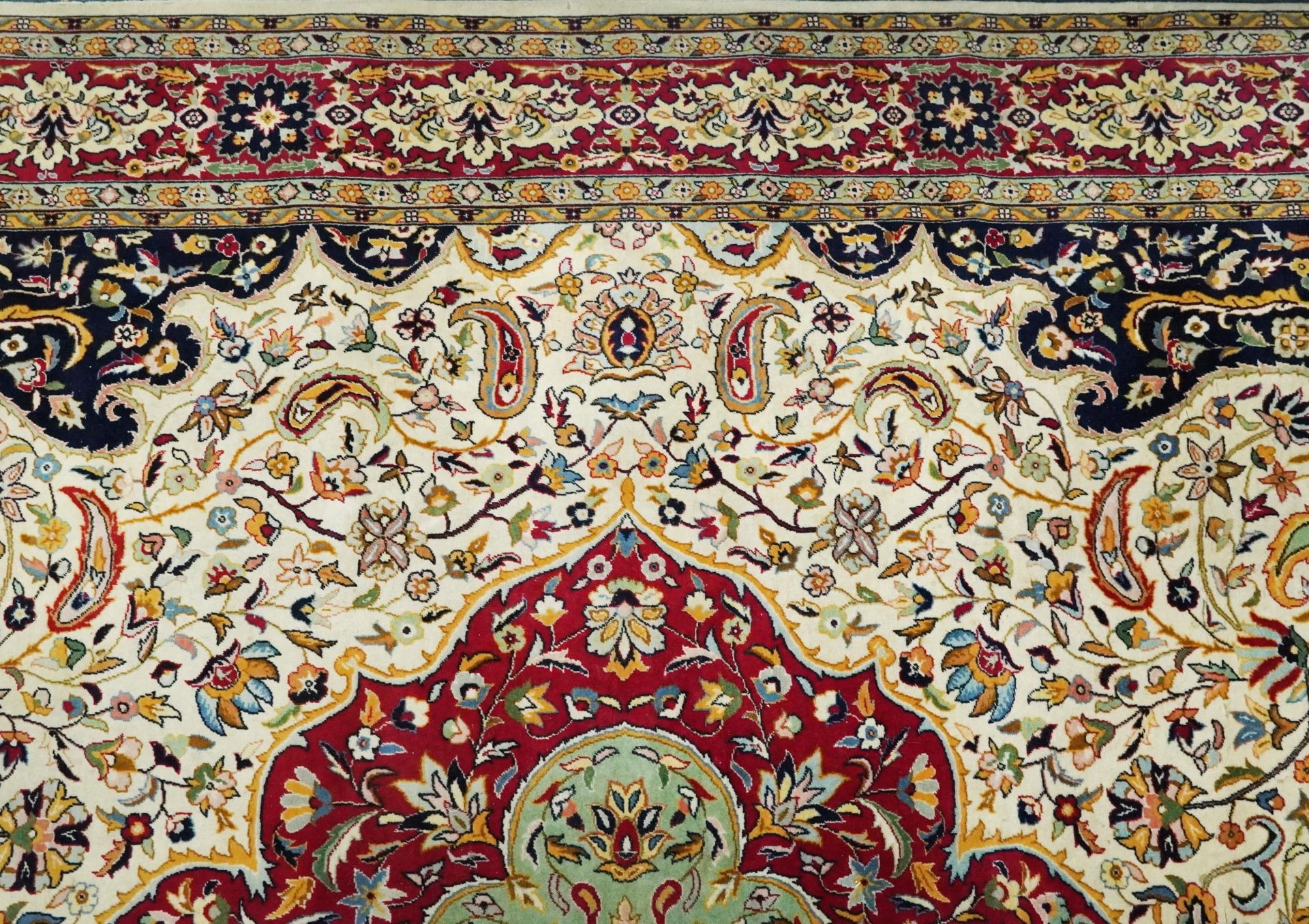 Rectangular Persian cream and red ground rug having an all over repeat floral design, 370cm x 270cm - Image 3 of 12