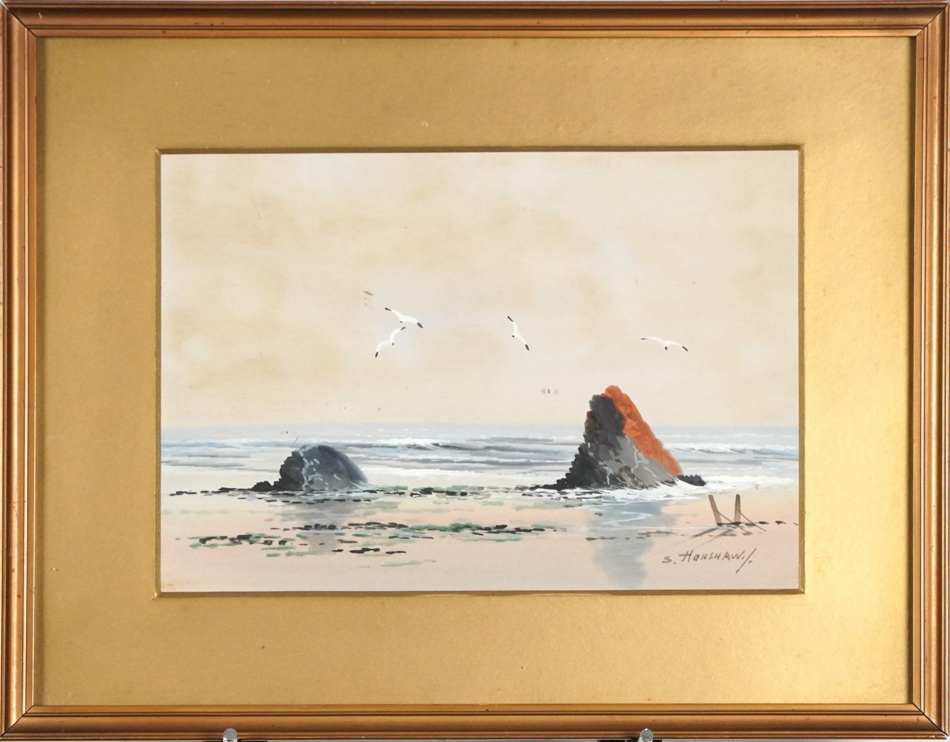 S Henshaw - Coastal scenes, pair of heightened watercolours, mounted, framed and glazed, each 24.5cm - Image 3 of 9