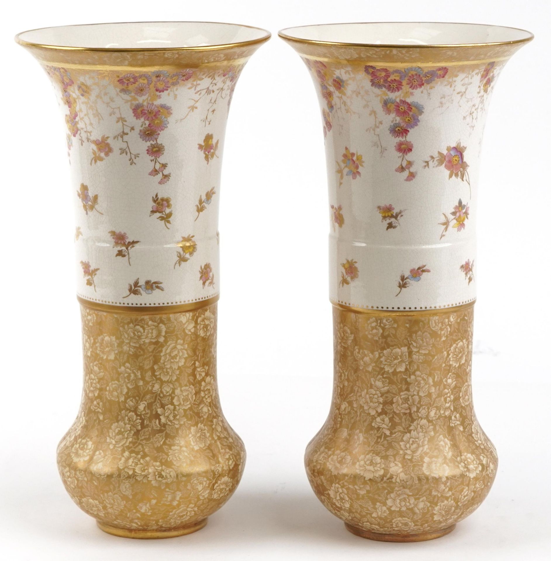 Wedgwood, large pair of aesthetic vases gilded and decorated with flowers, factory marks and