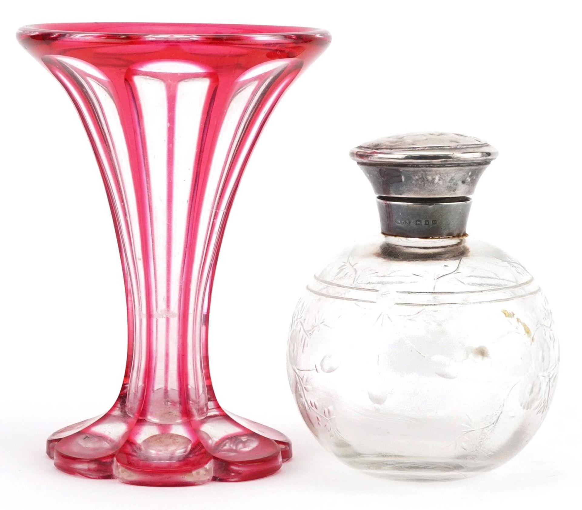 Bohemian ruby flashed cut glass vase and a silver topped scent bottle acid etched with flowers, 14.