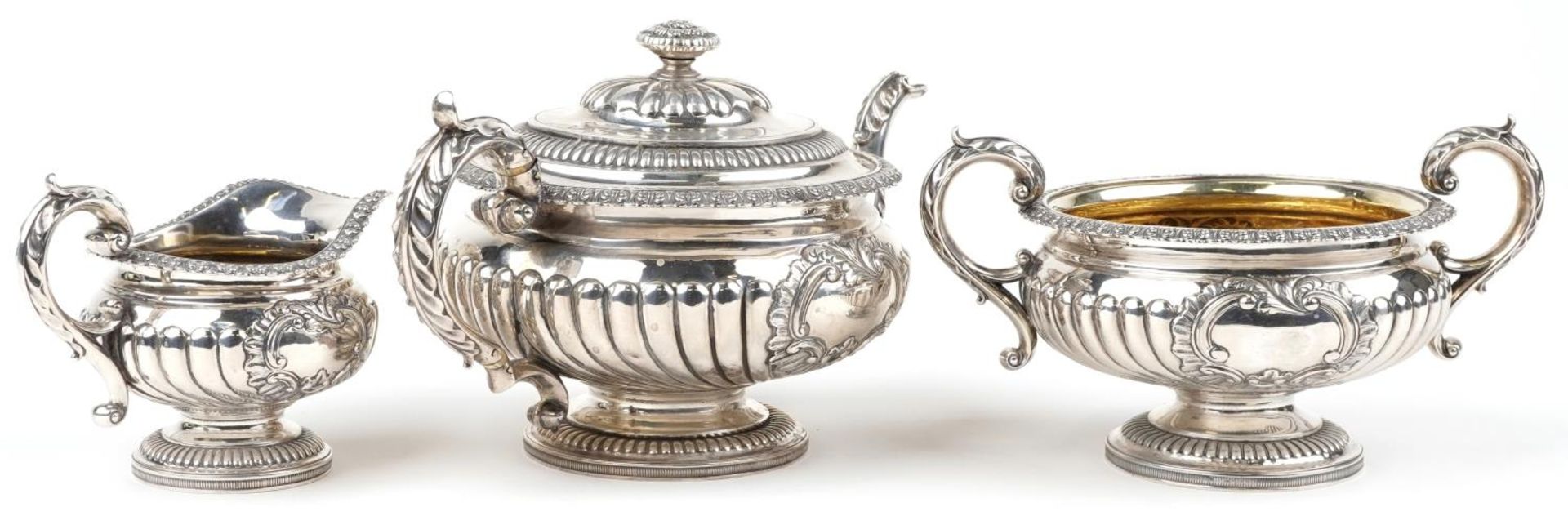 Alexander Edmonstoun III, George IV Scottish silver demi fluted three piece tea service embossed - Image 2 of 4