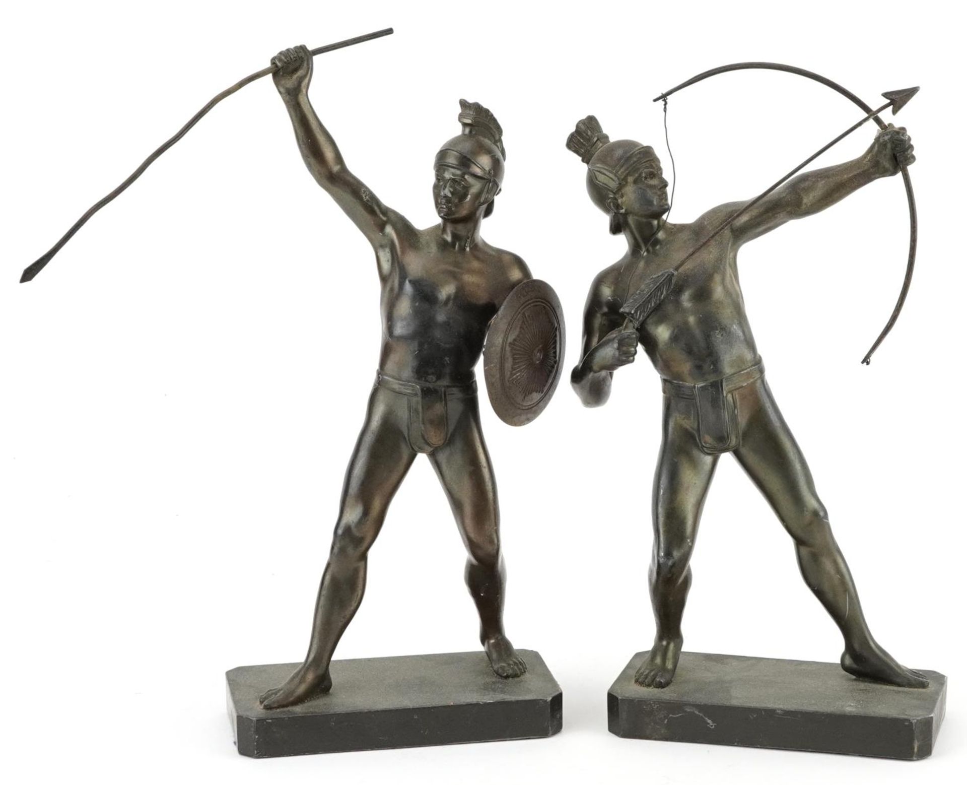 Pair of patinated spelter figures of a Greek archer and warrior, the largest 30cm high - Image 3 of 4