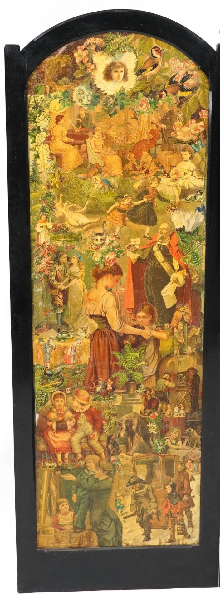 Victorian ebonised three fold decoupage screen, 152cm high x 161cm wide - Image 6 of 8