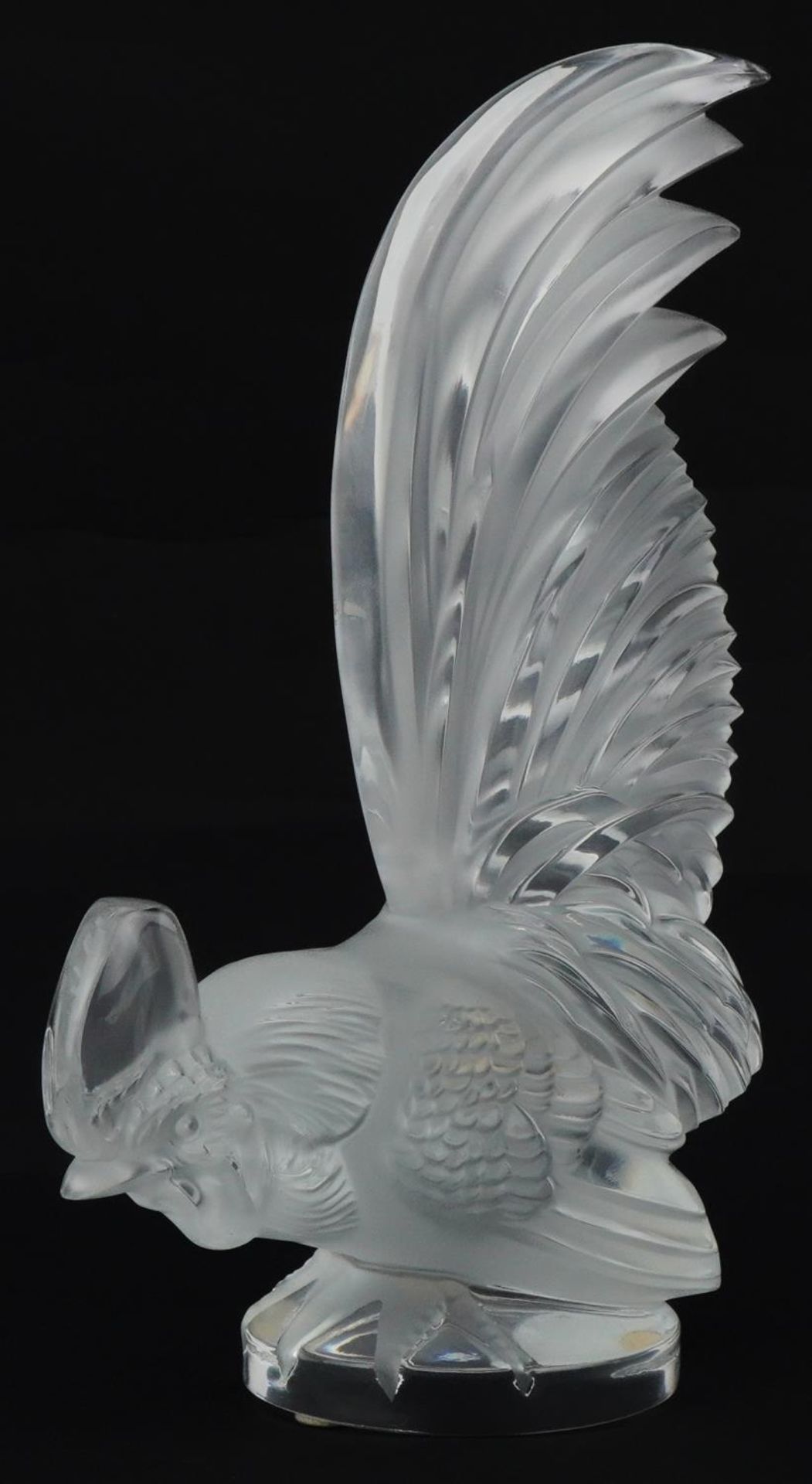 Lalique, French automobilia interest frosted and clear glass Coq Nain glass car mascot in the form