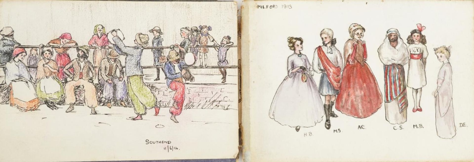 Early 20th century artist's travel sketchbook housing various watercolours and pencil sketches