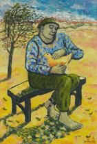 Deenagh Miller - Man on bench with shackles, oil on board, inscribed verso, mounted and framed, 73cm