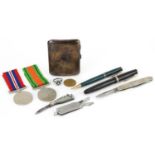 Sundry items including two World War II medals, silver cigarette case, Parker Duofold fountain pen