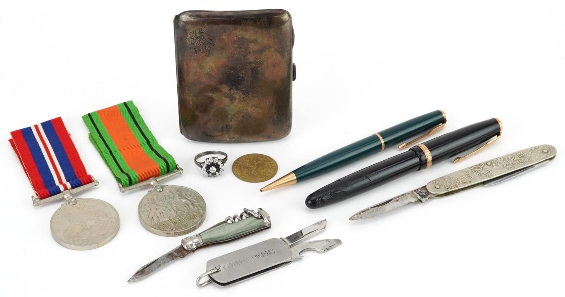 Sundry items including two World War II medals, silver cigarette case, Parker Duofold fountain pen